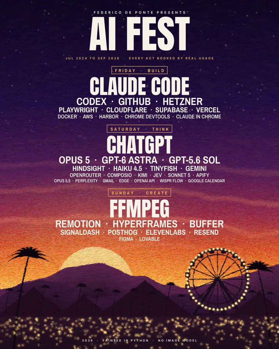 Desert festival lineup poster at dusk with a Ferris wheel and palms, listing AI tools by real usage: Claude Code, ChatGPT and FFmpeg headline Friday, Saturday and Sunday.