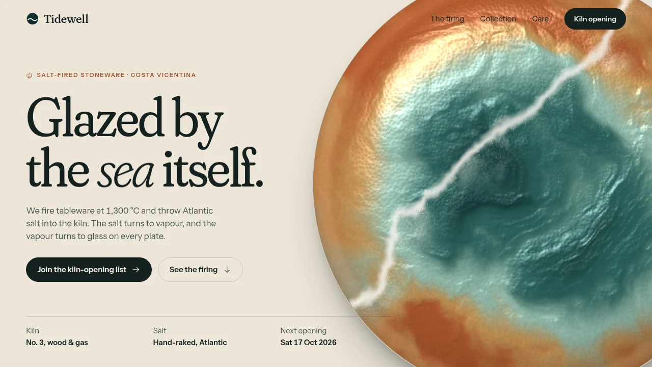 Tidewell landing page: serif headline Glazed by the sea itself, two call-to-action buttons and a large circular Three.js glaze shader in teal and rust on a warm off-white background.