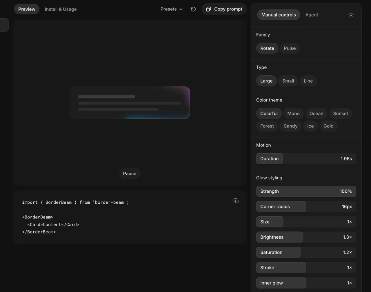 Libraries.dev Border beam page: a dark card with a colourful glow travelling along its edge, the import BorderBeam code below it and a control panel with family, type, colour theme and glow options.