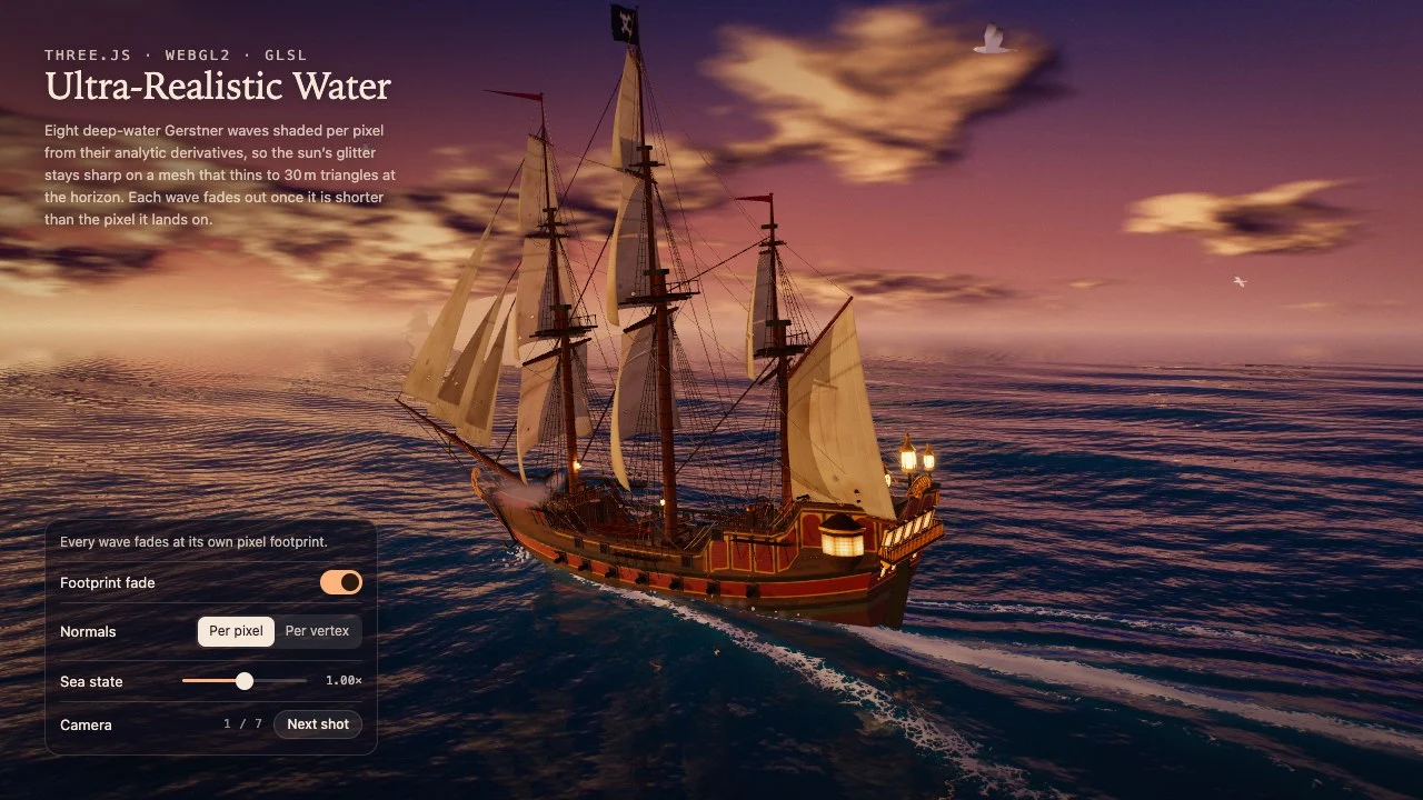 Three-masted ship with lit lanterns sailing a rolling ocean at sunset, sun glitter on the waves, a foam wake, and a control panel for footprint fade, normals, sea state and camera.