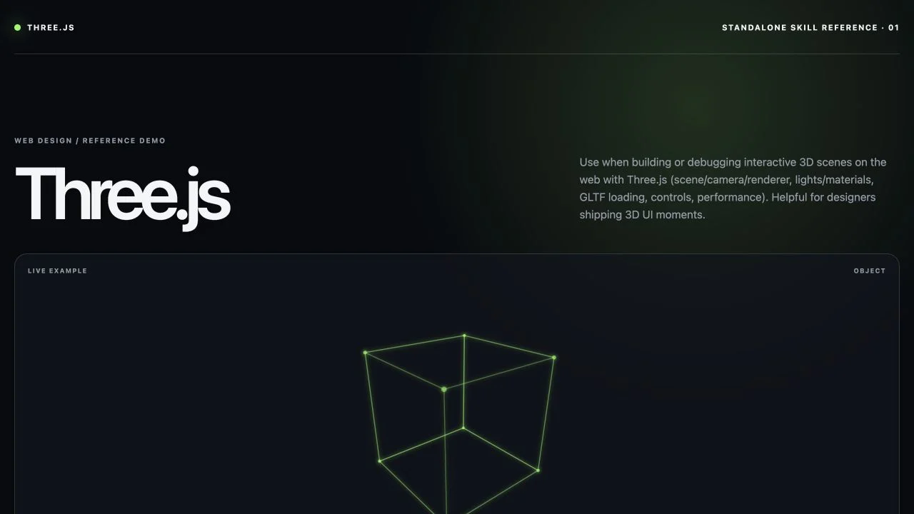 Dark reference page titled Three.js with a glowing green wireframe cube rotating inside a live example frame.