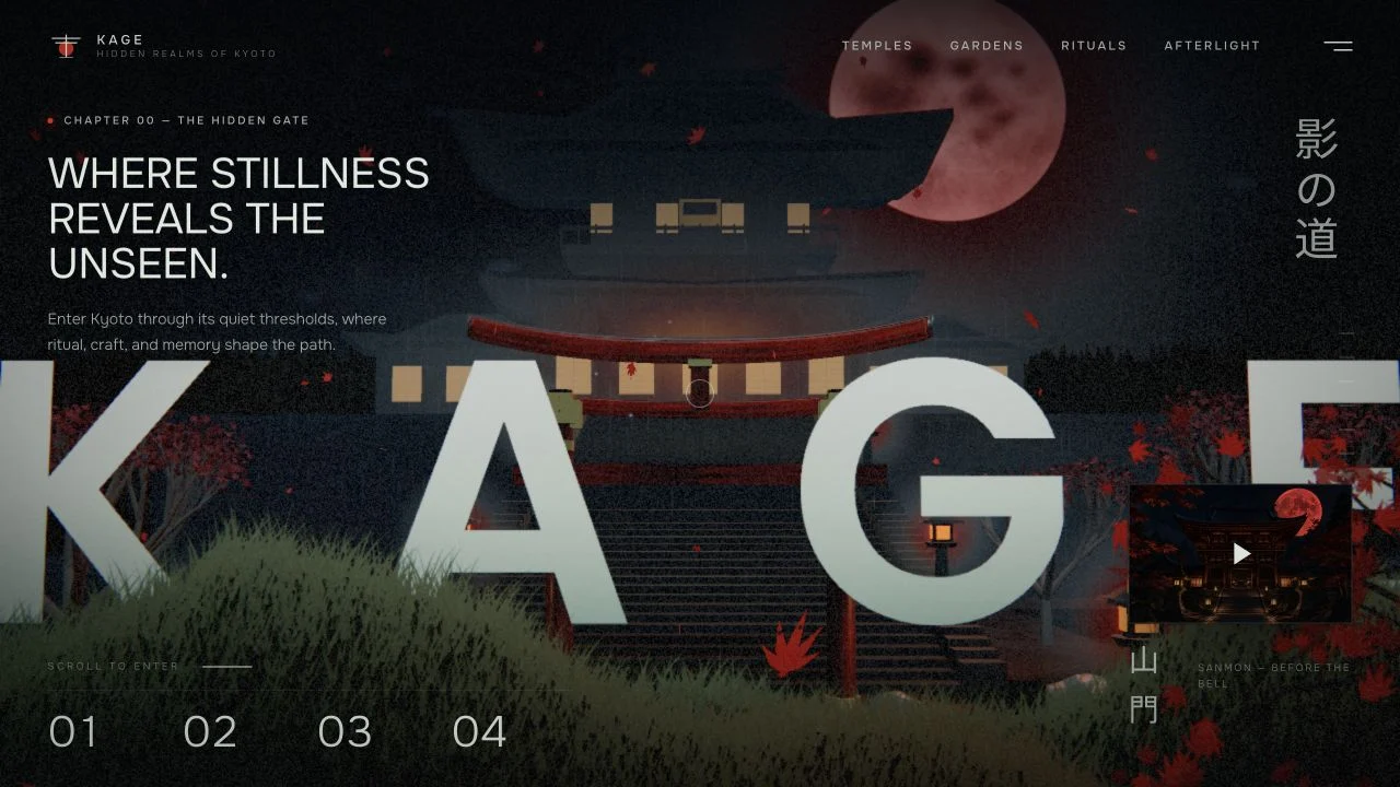 Kage scroll world: a dark temple and torii under a red moon with falling red leaves, giant KAGE letters in the foreground and chapter numbers 01 to 04.